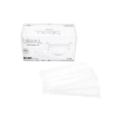 Khẩu Trang Y Tế 4 Lớp Bisou Trắng Hộp 50 Cái